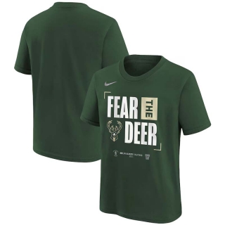 Men's Milwaukee Bucks Nike 2024 NBA Playoffs Fear The Deer Mantra Short T-Shirt Green