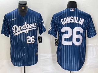 Men's MLB Los Angeles Dodgers #26 Tony Gonsolin Navy Blue White Number Pinstripe Stitched Cool Base Nike Jersey