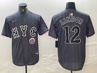 Men's MLB New York Mets #12 Francisco Lindor Grey Logo 2024 City Connect Cool Base Stitched Jersey