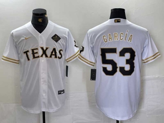 Men's MLB Texas Rangers #53 Adolis Garcia White Gold Cool Base Stitched Nike Baseball Jersey
