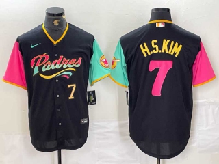 Men's MLB San Diego Padres #7 Ha Seong Kim Black Gold Number 2023 City Connect Cool Base Stitched Jersey
