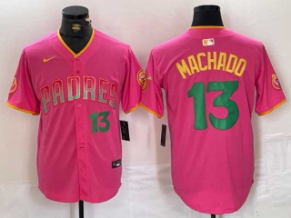 Men's MLB San Diego Padres #13 Manny Machado Pink Green Number Cool Base Stitched Nike Baseball Jersey