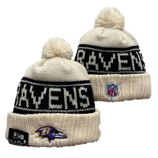 Wholesale NFL Baltimore Ravens New Era Cream 2024 Sideline Cuffed Knit Hat with Pom 3051