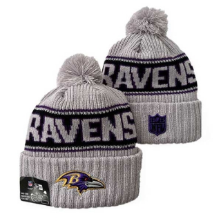 Wholesale NFL Baltimore Ravens New Era Gray 2024 Sideline Cold Weather Cuffed Knit Hat with Pom 3052