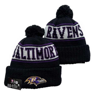 Wholesale NFL Baltimore Ravens New Era Navy 2024 Sideline Cold Weather Cuffed Knit Hat with Pom 3053