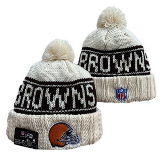 Wholesale NFL Cleveland Browns New Era Cream 2024 Sideline Cuffed Knit Hat with Pom 3048