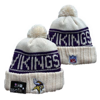 Wholesale NFL Minnesota Vikings New Era Cream 2024 Sideline Cuffed Knit Hat with Pom 3049