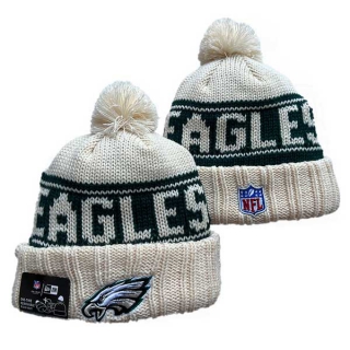 Wholesale NFL Philadelphia Eagles New Era Cream 2024 Sideline Cuffed Knit Hat with Pom 3074