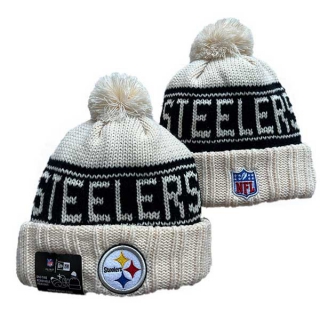 Wholesale NFL Pittsburgh Steelers New Era Cream 2024 Sideline Cuffed Knit Hat with Pom 3061