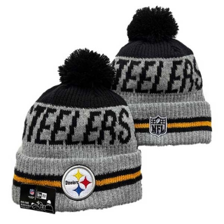 NFL Pittsburgh Steelers New Era Gray Black Runner Cuff Knit Beanies Hat With Pom 3064