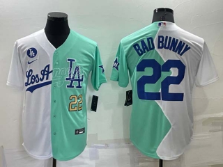Men's MLB Los Angeles Dodgers #22 Bad Bunny White Green Two Tone 2022 Celebrity Softball Game Cool Base Jersey (30)