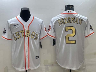 Men's Houston Astros #2 Alex Bregman White Gold 2022 World Series Champions Stitched Cool Base Nike Jersey