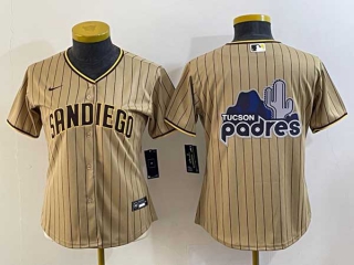 Women's San Diego Padres Blank Tan Pinstripe Big Logo 2023 City Connect Cool Base Stitched Jersey