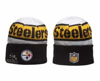 NFL Pittsburgh Steelers New Era White Black 2023 Sideline Tech Cuffed Knit Hat 5025