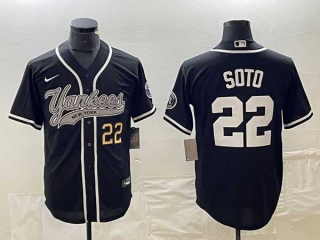 Men's New York Yankees #22 Juan Soto Black Gold Number With Patch Cool Base Stitched Baseball Jersey