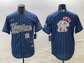 Men's New York Yankees Blue Pinstripe Big Logo Cool Base Stitched Baseball Jerseys