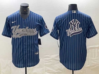 Men's New York Yankees Blue Pinstripe Big Logo Cool Base Stitched Baseball Nike Jersey