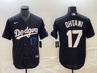 Men's Los Angeles Dodgers #17 Shohei Ohtani Black Blue Number Stitched Cool Base NFL Nike Jersey