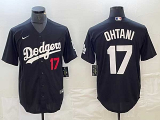 Men's Los Angeles Dodgers #17 Shohei Ohtani Black Red Number Stitched Cool Base NFL Nike Jersey