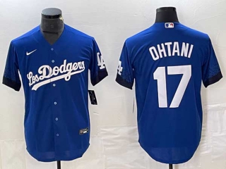 Men's Los Angeles Dodgers #17 Shohei Ohtani Blue 2021 City Connect Cool Base Stitched Jersey