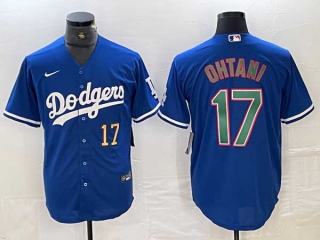 Men's Los Angeles Dodgers #17 Shohei Ohtani Blue Gold Green Number Stitched Cool Base NFL Nike Jersey