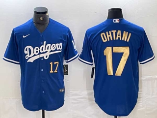 Men's Los Angeles Dodgers #17 Shohei Ohtani Blue Gold Number Stitched Cool Base NFL Nike Jersey (2)