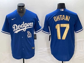 Men's Los Angeles Dodgers #17 Shohei Ohtani Blue LA Gold Number Stitched Cool Base NFL Nike Jersey