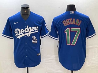 Men's Los Angeles Dodgers #17 Shohei Ohtani Blue LA Green Number Stitched Cool Base NFL Nike Jersey