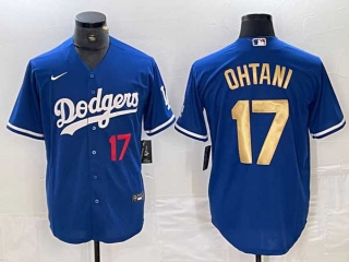 Men's Los Angeles Dodgers #17 Shohei Ohtani Blue Red Gold Number Stitched Cool Base NFL Nike Jersey