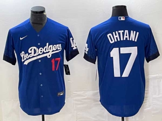 Men's Los Angeles Dodgers #17 Shohei Ohtani Blue Red Number 2021 City Connect Cool Base Stitched Jersey
