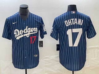Men's Los Angeles Dodgers #17 Shohei Ohtani Navy Red Number Pinstripe Cool Base Stitched Baseball Jersey