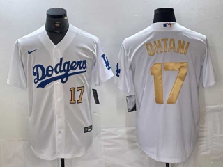 Men's Los Angeles Dodgers #17 Shohei Ohtani White Gold Number Stitched Cool Base NFL Nike Jersey