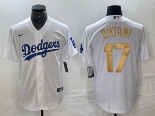 Men's Los Angeles Dodgers #17 Shohei Ohtani White Gold Number Stitched Cool Base NFL Nike Jerseys