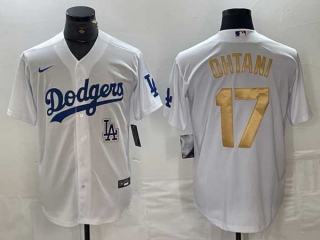 Men's Los Angeles Dodgers #17 Shohei Ohtani White LA Gold Number Stitched Cool Base NFL Nike Jerseys