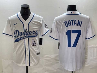 Men's Los Angeles Dodgers #17 Shohei Ohtani White LA Blue Number Stitched Cool Base NFL Nike Jerseys