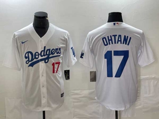 Men's Los Angeles Dodgers #17 Shohei Ohtani White Red Blue Number Stitched Cool Base NFL Nike Jersey
