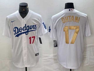 Men's Los Angeles Dodgers #17 Shohei Ohtani White Red Gold Number Stitched Cool Base NFL Nike Jersey