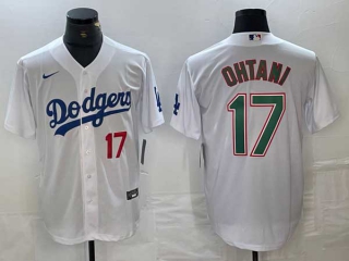 Men's Los Angeles Dodgers #17 Shohei Ohtani White Red Green Number Stitched Cool Base NFL Nike Jerseys