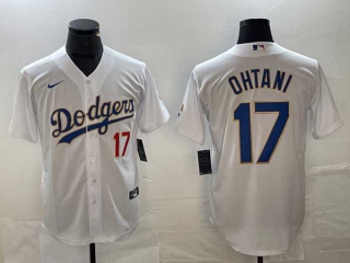 Men's Los Angeles Dodgers #17 Shohei Ohtani White Red Blue Number Stitched Cool Base NFL Nike Jerseys