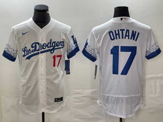 Men's Los Angeles Dodgers #17 Shohei Ohtani White Red Number 2021 City Connect Flex Base Stitched Jersey