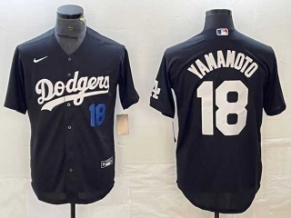 Men's Los Angeles Dodgers #18 Yoshinobu Yamamoto Black Blue Number Stitched Cool Base NFL Nike Jersey