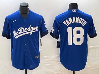 Men's Los Angeles Dodgers #18 Yoshinobu Yamamoto Blue 2021 City Connect Cool Base Stitched Jersey