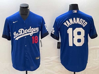 Men's Los Angeles Dodgers #18 Yoshinobu Yamamoto Blue Red Number 2021 City Connect Cool Base Stitched Jersey