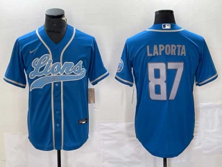 Mens Detroit Lions #87 Sam LaPorta Blue Cool Base Stitched Baseball Jersey
