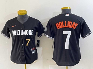 Women's MLB Baltimore Orioles #7 Jackson Holliday Gold Number Black 2023 City Connect Cool Base Stitched Jersey