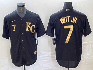 Men's MLB Kansas City Royals #7 Bobby Witt Jr Number Black Gold Cool Base Stitched Jersey