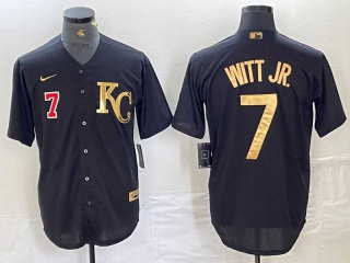 Men's MLB Kansas City Royals #7 Bobby Witt Jr Red Number Black Gold Cool Base Stitched Jersey