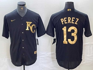 Men's MLB Kansas City Royals #13 Salvador Perez Black Gold Cool Base Stitched Jersey