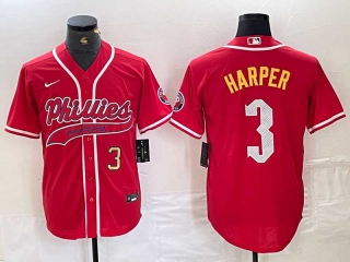 Men's MLB Philadelphia Phillies #3 Bryce Harper Red Gold Number Cool Base Stitched Baseball Jersey