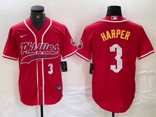 Men's MLB Philadelphia Phillies #3 Bryce Harper Red White Number Cool Base Stitched Baseball Jersey